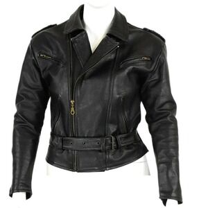 80s Vintage Black Leather Motorcycle Jacket Womens L Zip Belted Punk Biker Goth